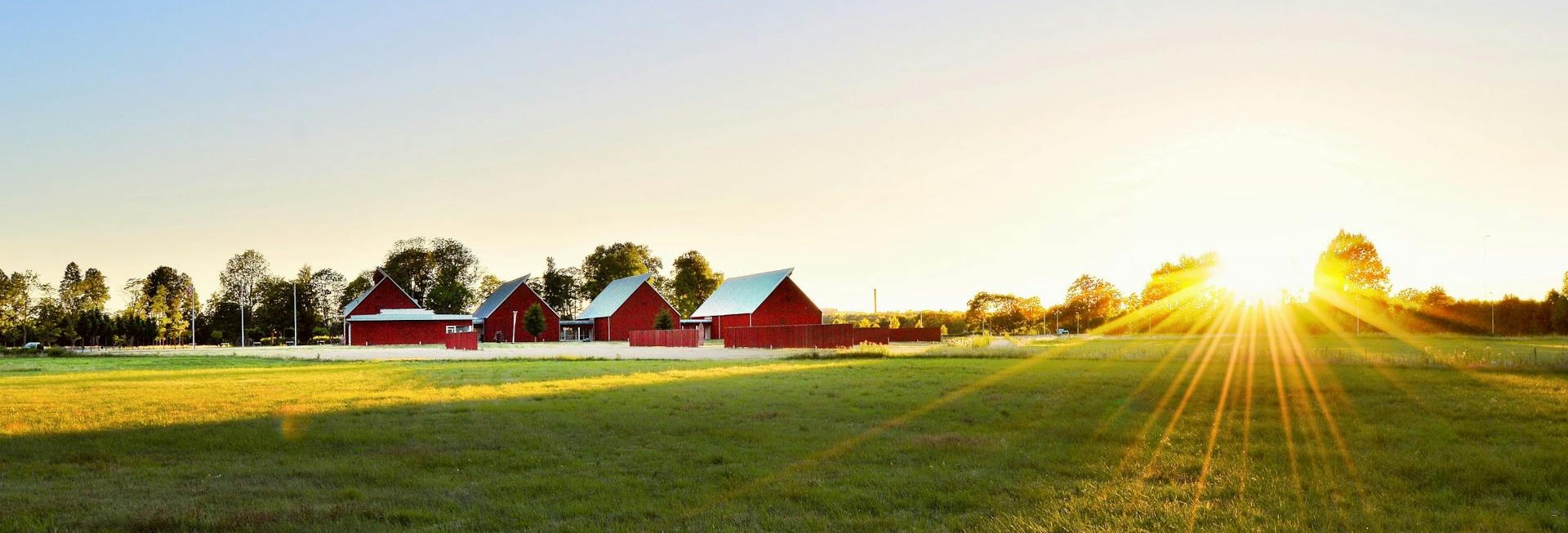 A wide shot of a farm with the rising sun. Photo by Jonathan Petersson.